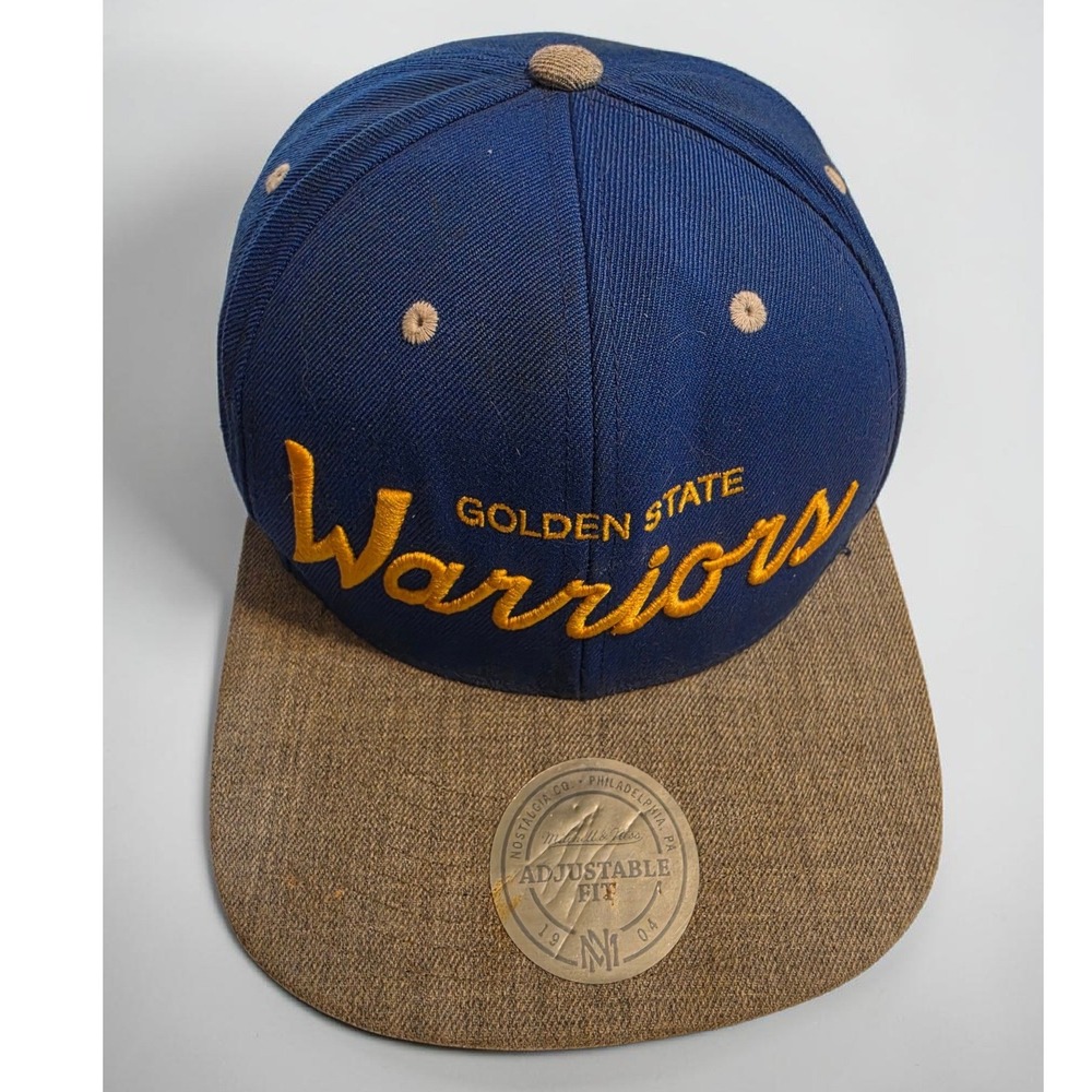 Mitchell & Ness Golden State Warriors Snapback Hat Navy Brown Script NBA‎ Cap